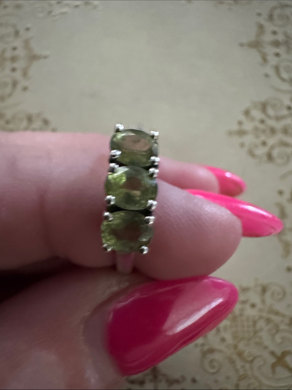 Sterling Silver Three-Stone Green Gemstone Ring